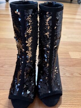 Thalia Sodi Black Sequined Peep-Toe Ankle Booties